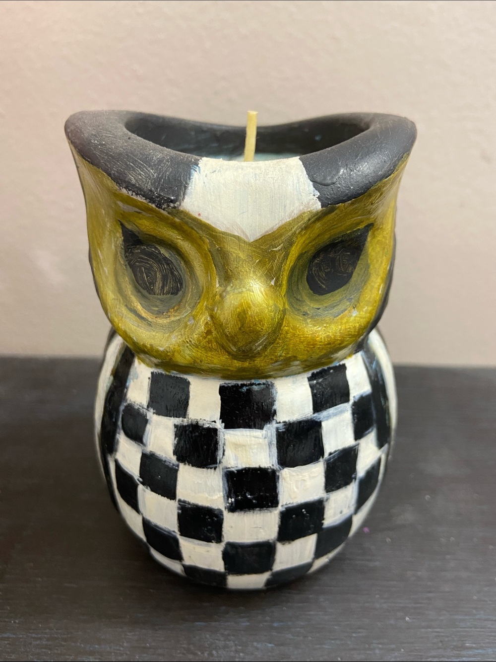 Vintage Checkered Ceramic Owl Candle Whimsical Halloween Decor